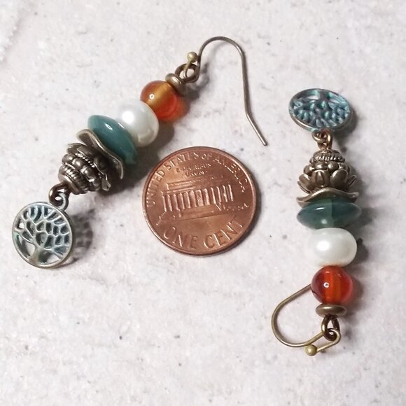 Agate Carnelian Faux Pearls + Patina'd Tree of Life Earrings - Upscale & Trendy - Picture 4 of 8